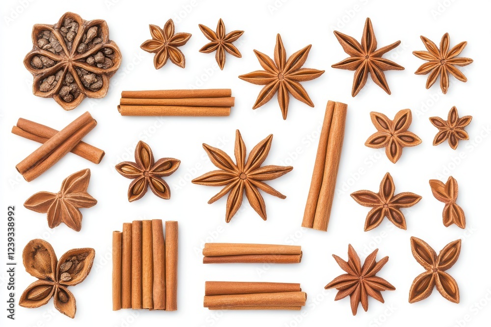 Set cinnamon sticks and star anise seeds isolated on white background, top view Set cinnamon sticks and star anise seeds isolated on white background, top view