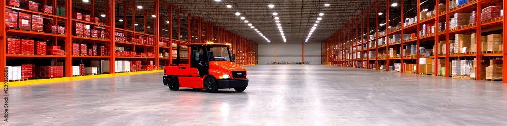 Fototapeta premium Red Forklift in a Brightly Lit Warehouse with Orange Shelving