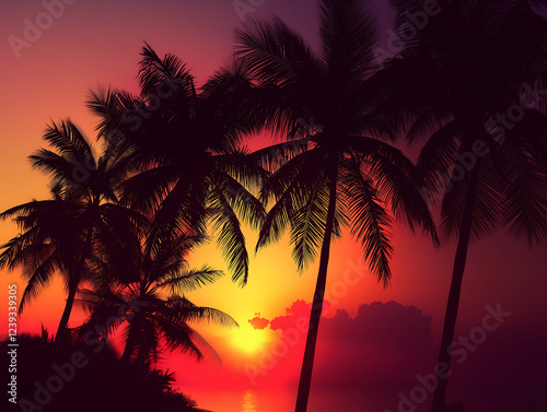 Beautiful sunset with palm trees silhouetted against vibrant orange and purple sky. photo