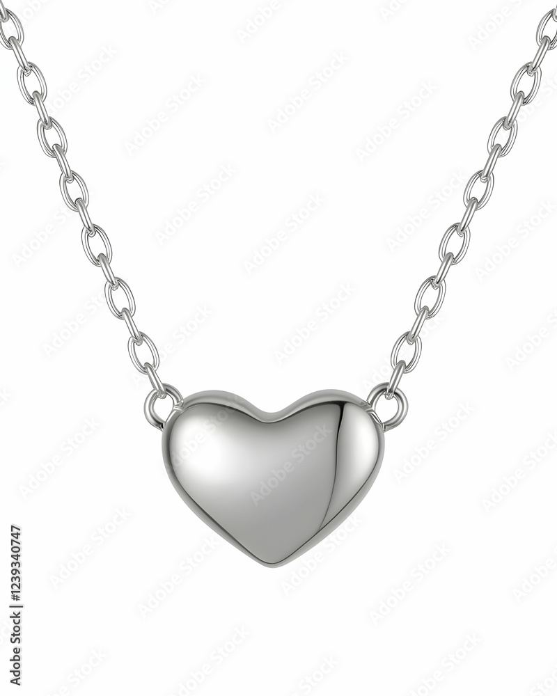 A single heart-shaped necklace with a simple chain against pure white background A single heart-shaped necklace with a simple chain against pure white background