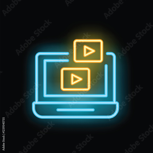 Neon laptop showing streaming video on demand service with play button icons