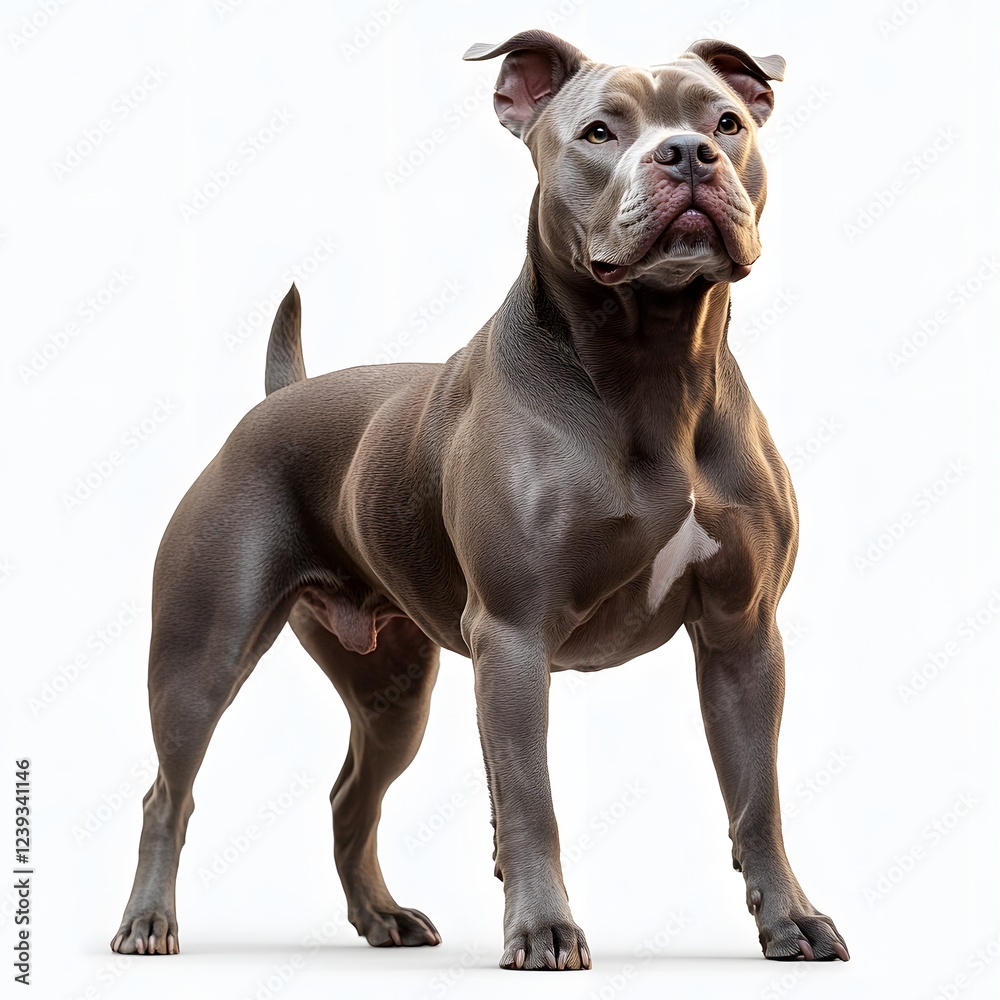 Fototapeta premium Muscular grey dog standing, white background, studio shot, pet advertisement