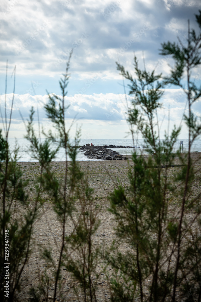 Breakwater made of stones in a frame of branches Breakwater made of stones in a frame of branches