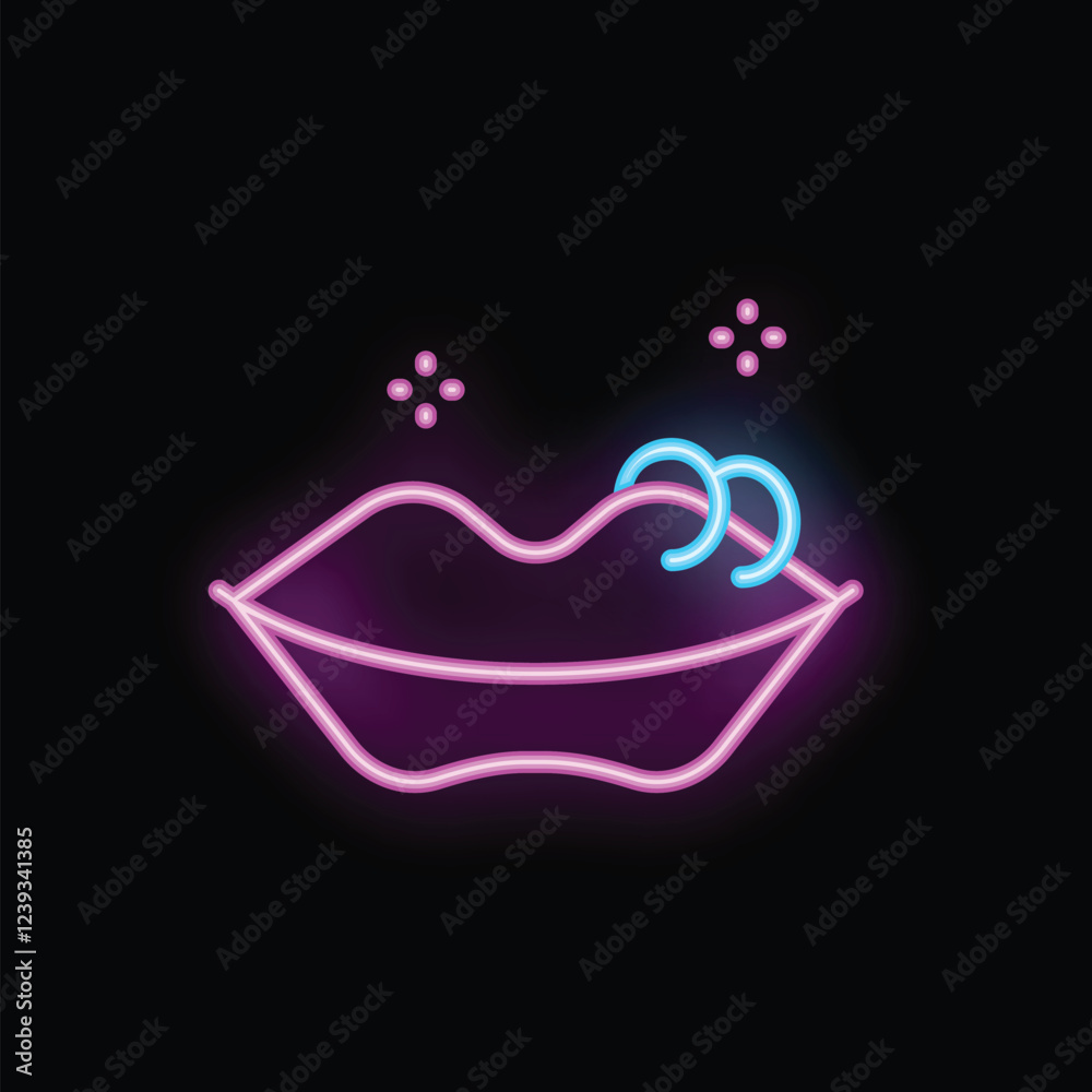 Neon sign of shining purple lips with blue lip piercing on black background Neon sign of shining purple lips with blue lip piercing on black background