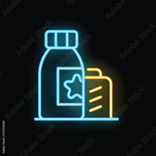 Glowing neon icon of a medication bottle and a medical history, illustrating the concept of medical treatment