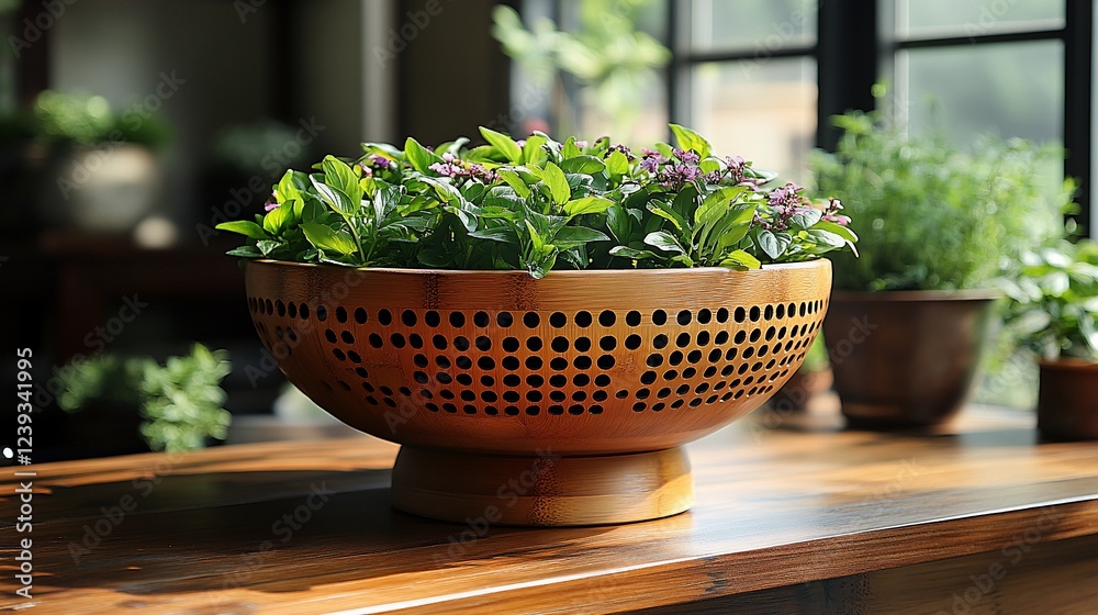 Wooden bowl planter with herbs on wooden table. Wooden bowl planter with herbs on wooden table.