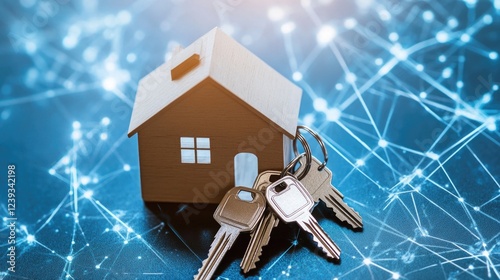 A miniature wooden house model sits alongside a set of keys, positioned on a vibrant blue background resembling a digital network, reflecting themes of homeownership and real estate photo