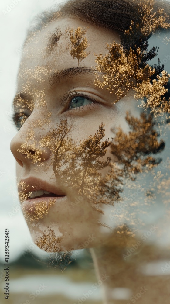 Fototapeta premium Woman's Portrait with Artistic Tree Double Exposure Reflecting Nature's Beauty