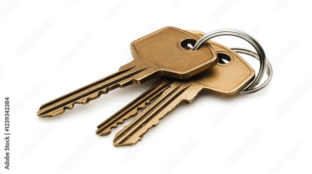 Close-up view of two bronze keys attached to a keyring resting on a plain background, showcasing their distinct designs, used for unlocking various locks and securing properties Close-up view of two bronze keys attached to a keyring resting on a plain background, showcasing their distinct designs, used for unlocking various locks and securing properties