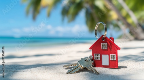 A pair of house keys rests next to a red house keychain on a sandy beach under bright sunlight, surrounded by palm trees and sparkling ocean waves in the background