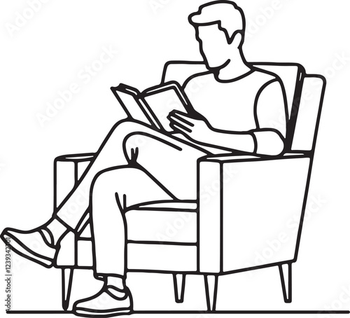 Man Reading a Book in Armchair – Clean Line Drawing Vector