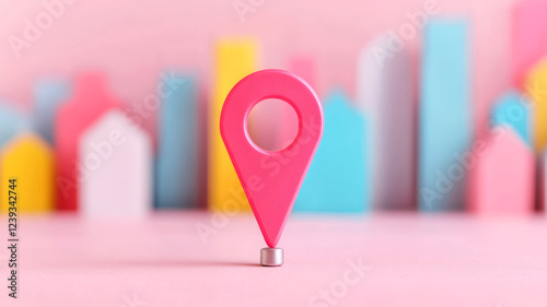 A vibrant pink location pin stands prominently against a pastel backdrop featuring stylized buildings in soft hues.