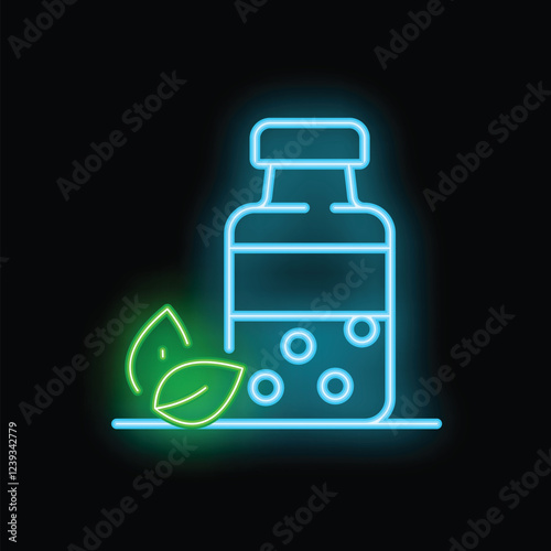 Glowing neon icon representing a bottle of herbal medicine, emphasizing its natural ingredients and health benefits