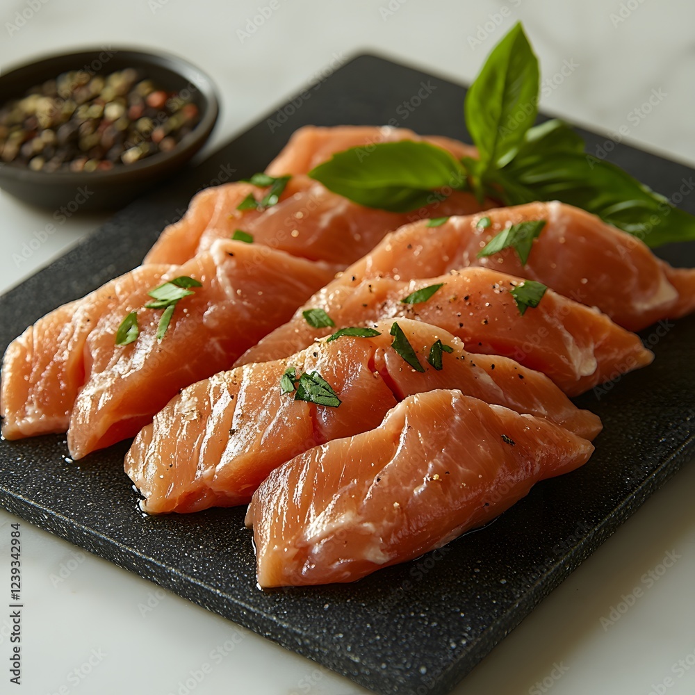 Raw chicken strips kitchen prep, spices background, cooking Raw chicken strips kitchen prep, spices background, cooking