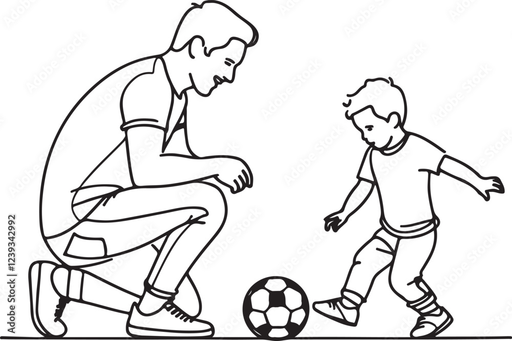 Fototapeta premium Father and Son Soccer Interaction. Clean Line Art Vector