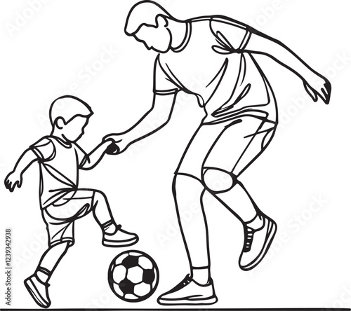 Father and Son Soccer Interaction. Clean Line Art Vector