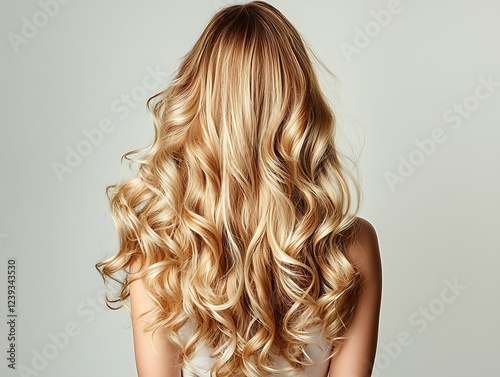 Step-by-step guide to adding hair extensions or wearing a wig i Blonde long hair with balayage or ombre highlights ii Rear view a woman with beautiful voluminous curly hair