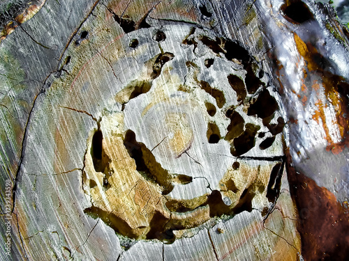 Holzwurmbefall in einem Baumstamm photo