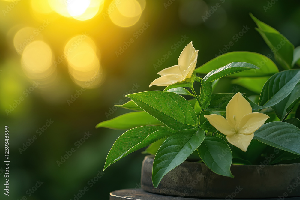Obraz premium Beautiful yellow flowers in a pot during sunset with soft background light