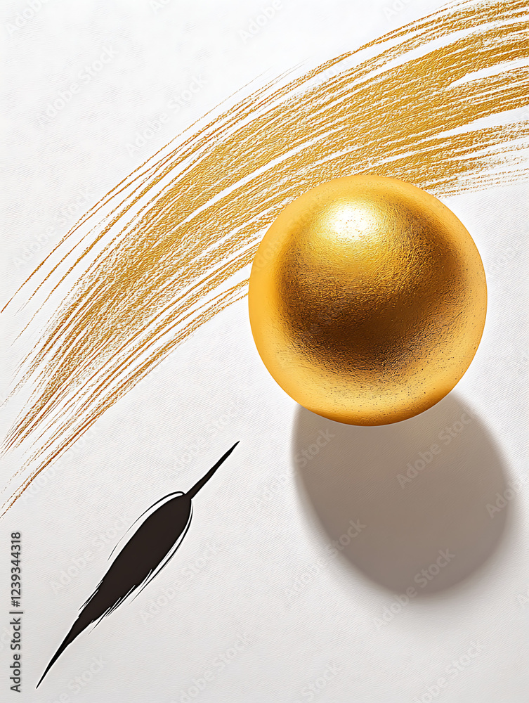 Fototapeta premium Golden sphere and a quill pen on a white background with artistic brush strokes