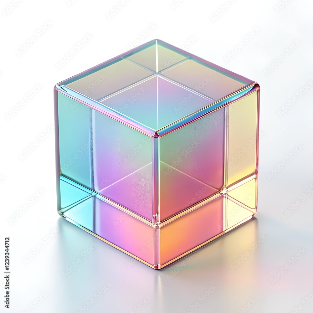 3D transparent cube with an iridescent surface, reflecting light in vibrant multicolors and featuring a smooth geometric design with white transparent background png 3D transparent cube with an iridescent surface, reflecting light in vibrant multicolors and featuring a smooth geometric design with white transparent background png