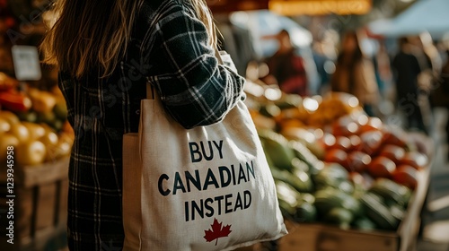 Person shopping with reusable bag promoting local produce at market in autumn photo