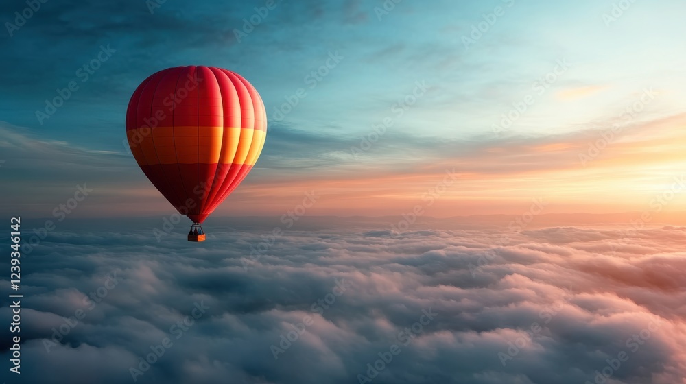 Obraz premium A vibrant hot air balloon gracefully drifting over vast clouds at dawn, capturing a sense of freedom and adventure in a picturesque and ethereal setting.