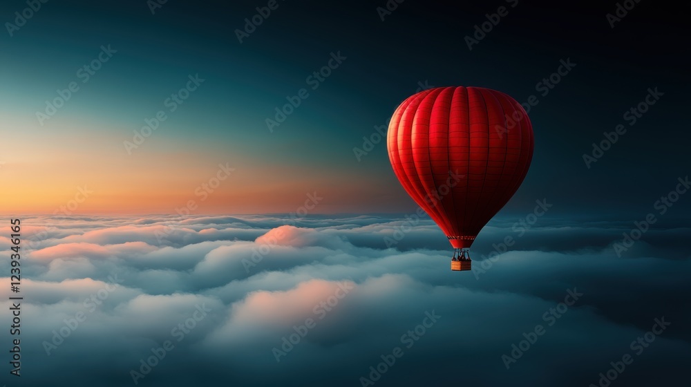 Fototapeta A vibrant red hot air balloon gracefully floats above dreamy, soft clouds during sunset, creating a serene and captivating atmosphere of freedom and adventure.