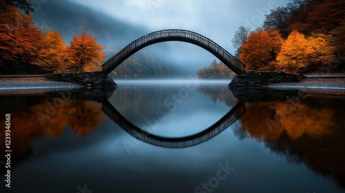 A stunning arched bridge with vibrant autumn foliage reflecting in the still waters below creates a breathtaking scene representing change, tranquility, and reflection.