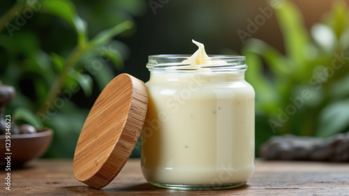 Beef tallow hand-churned in a glass jar with wooden lid on a rustic table, suitable for skincare or cooking uses.