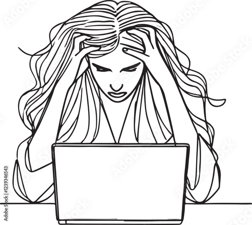 Line Drawing of a Stressed Woman with Laptop - Vector Art