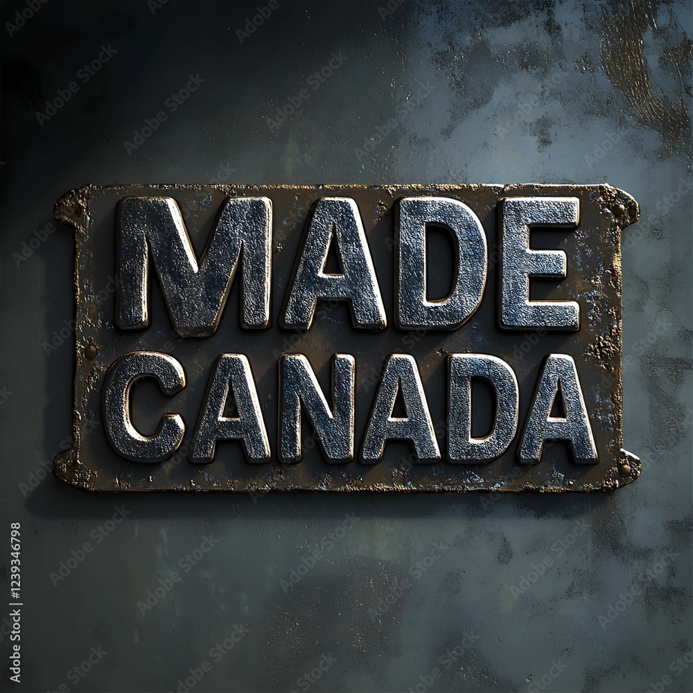 Metal sign indicating products made in Canada with a rustic finish and industrial backdrop Metal sign indicating products made in Canada with a rustic finish and industrial backdrop