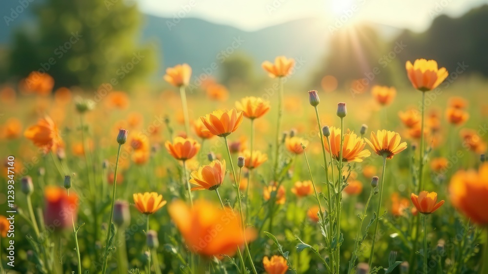 Fototapeta premium Bright field of orange flowers in the summer sunlight