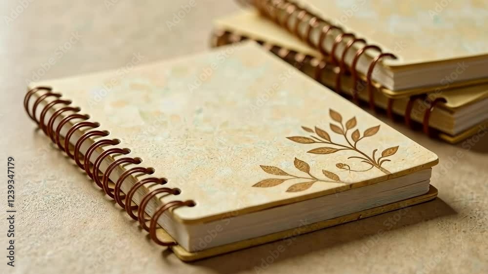 Three spiral bound notebooks with a leaf design on the spine. The notebooks are stacked on top of each other