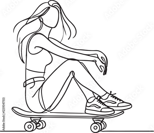 Skater Girl Sitting on Board – Simple Line Art Vector