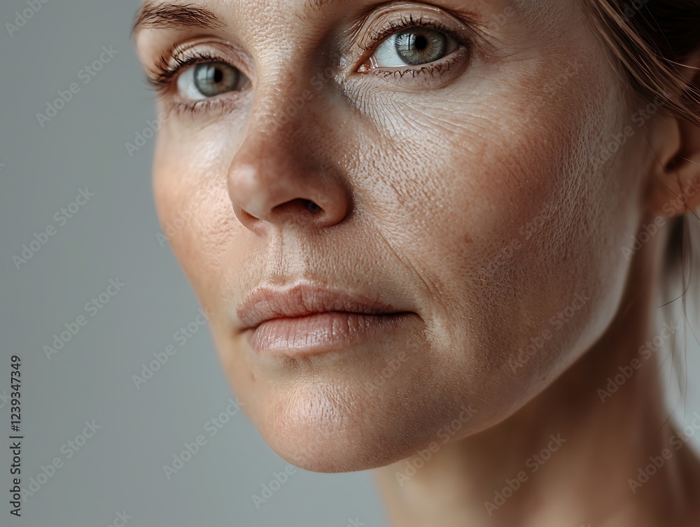 Fototapeta premium a woman's face showing a comparison youthful and aged skin against a neutral background