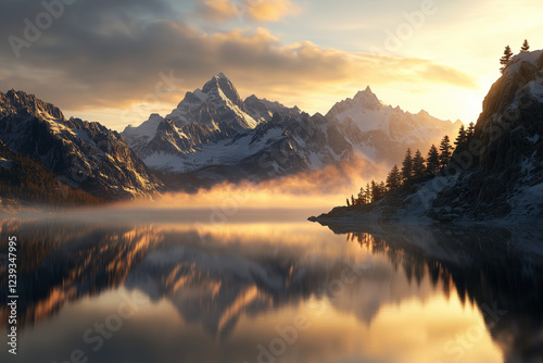 A breathtaking sunrise over a snow-capped mountain range, golden light casting long shadows on rugged cliffs. A calm alpine lake reflects the peaks, and a few evergreen trees frame the scene. 