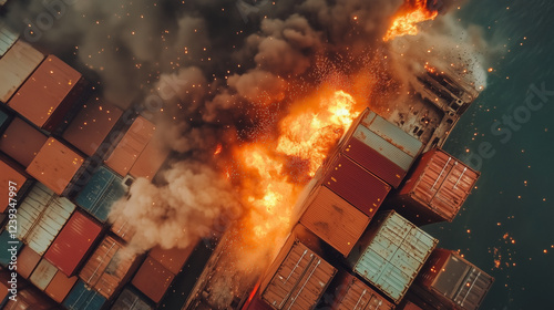Concept of a trade war. Shipping containers exploding and on fire.