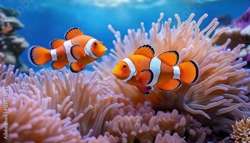 Two clownfish swimming among colorful coral reefs in a vibrant marine ecosystem