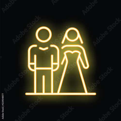 Yellow neon sign depicting a bride and groom standing side by side on a black background