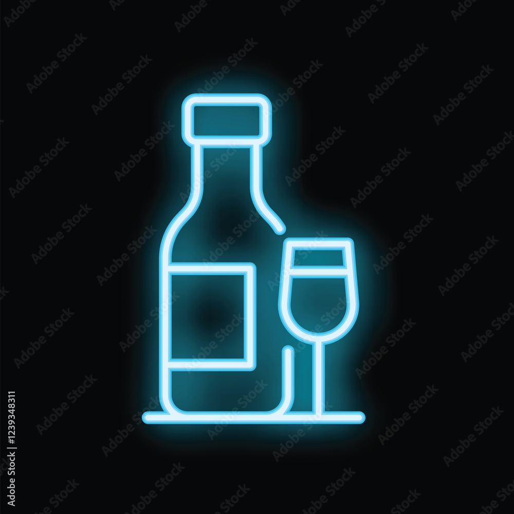 Neon sign showing a wine bottle and glass on a black background, ideal for bar and restaurant themes Neon sign showing a wine bottle and glass on a black background, ideal for bar and restaurant themes