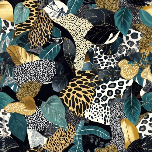 Vibrant Abstract Jungle Leaf and Animal Print Pattern Background Design