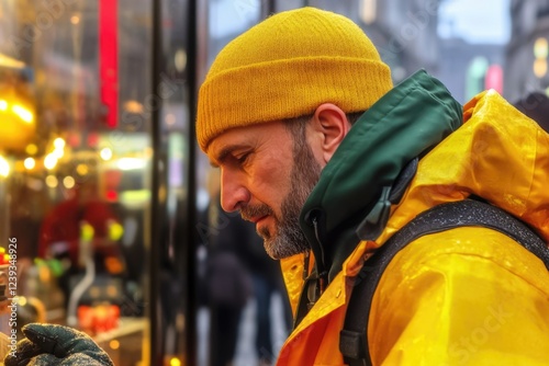 Caucasian male adult in yellow outfit browsing shop display on winter street photo