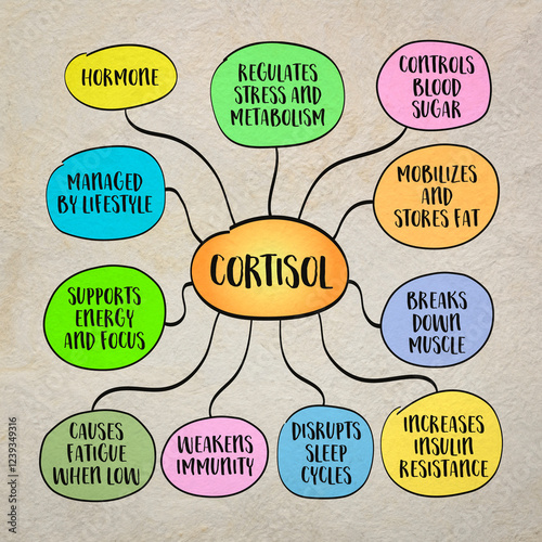 Cortisol, stress hormone  plays a crucial role in metabolism, energy regulation, immune function, and overall health. Infographics sketch.