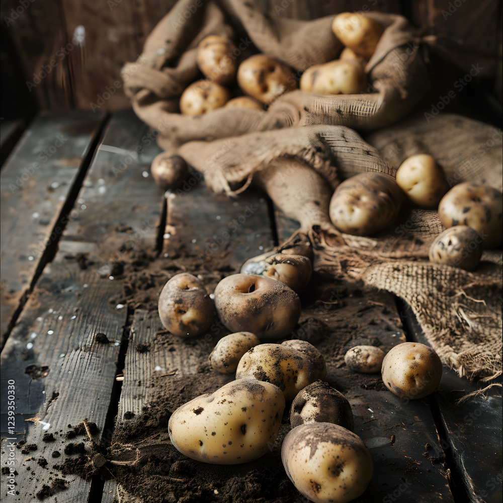 Freshly Harvested Rustic Potatoes on Wooden Table with Natural Light and Burlap Sack in Background