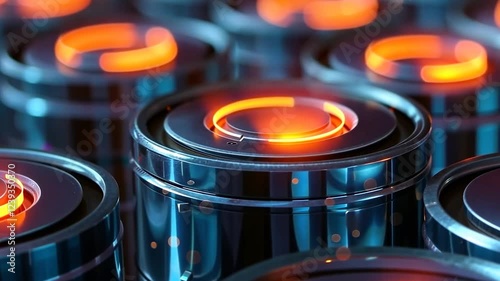 Detailed close-up of high-tech batteries with glowing indicators.