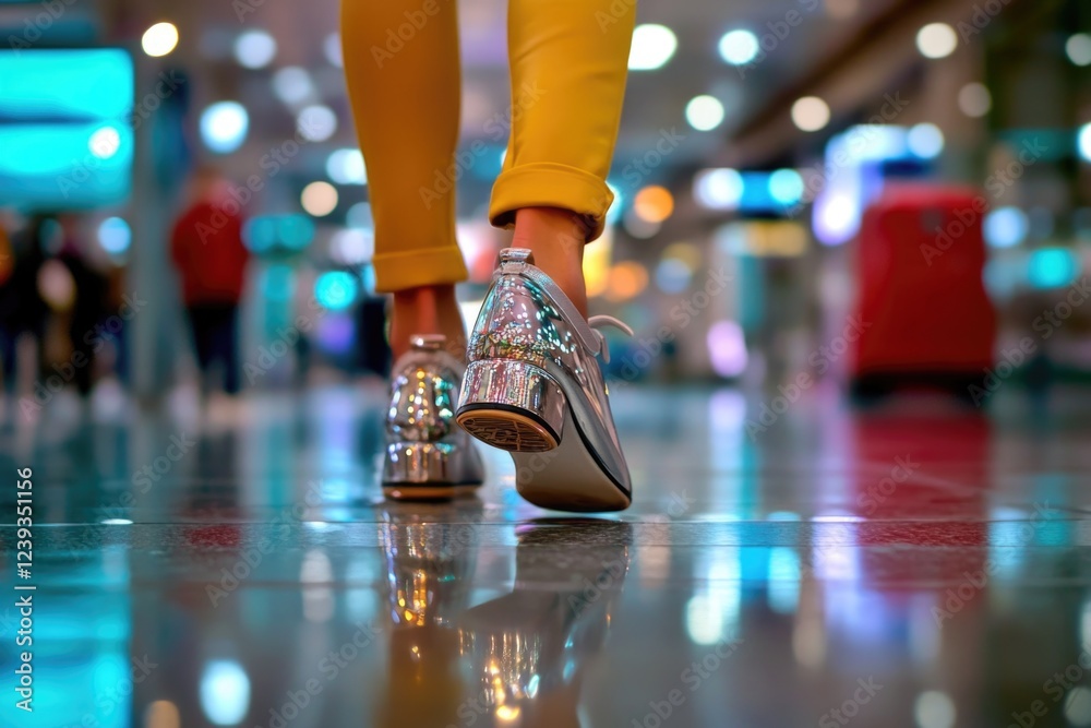 Fototapeta premium Female feet in shiny sneakers walking indoors on reflective floor
