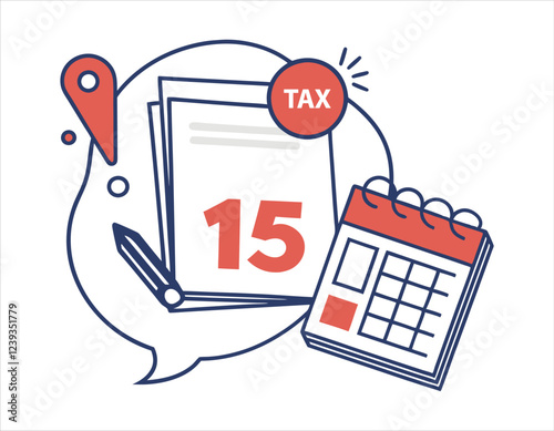 ax deadline reminder illustration featuring a calendar, documents, and a pencil with the number 15 highlighted, indicating the tax due date.