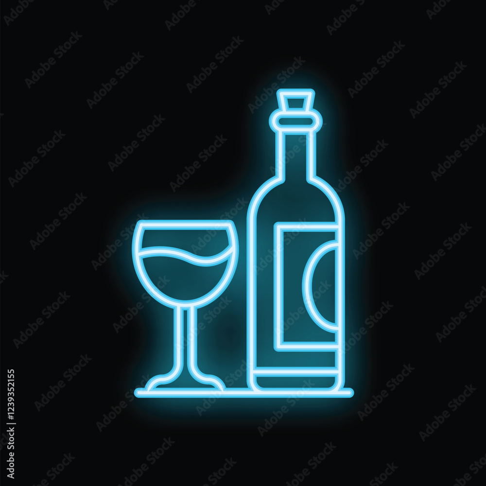 Blue neon sign of a wine bottle and glass glowing on a black background Blue neon sign of a wine bottle and glass glowing on a black background