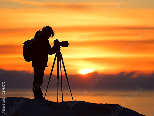 Photographer capturing sunset on tripod, silhouette against vivid orange sky. photo